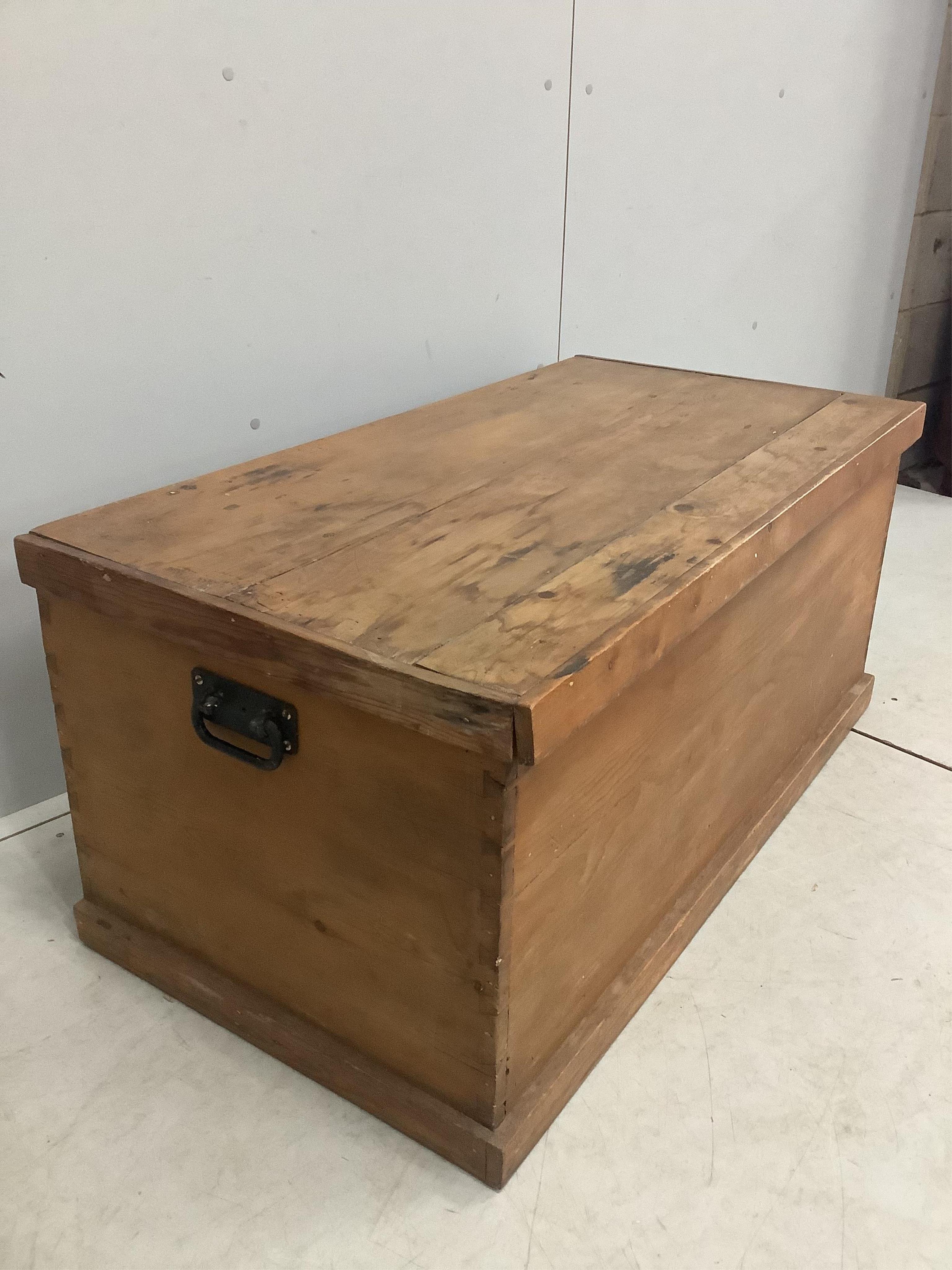 A Victorian rectangular pine trunk, width 110cm, depth 57cm, height 49cm. Condition - fair